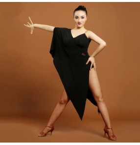 Black red one shoulder women's ladies female fashion competition performance professional latin samba dance dresses outfits
